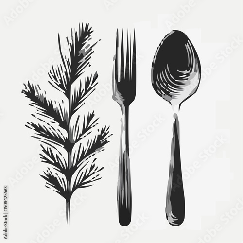 Black and white illustration of fork, spoon, and rosemary sprig  