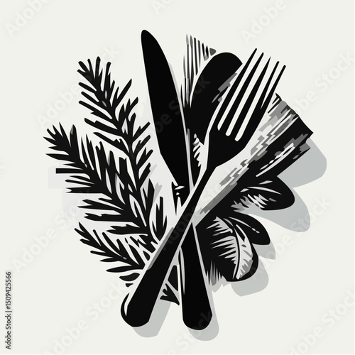 Serving utensils and herbs illustrated in a minimalist style  