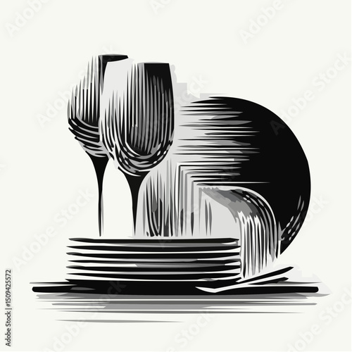 Serving icon with champagne glasses and plates in black and white  
