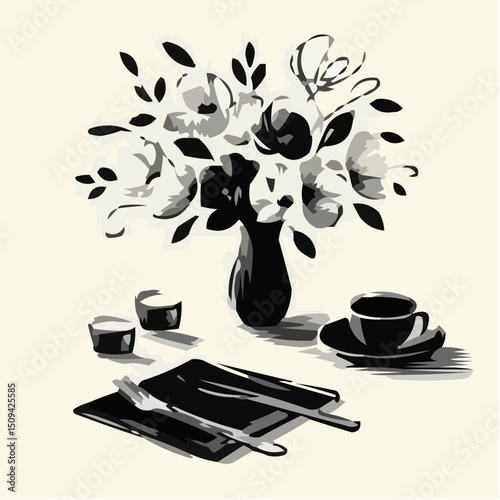 Black and white floral vase with coffee cup and cutlery on table  