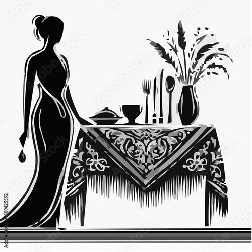 Silhouette of woman serving food at elegantly set dining table  