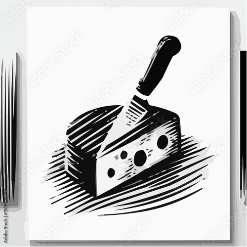 Black and white illustration of cheese wedge with knife on white background  