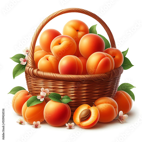 PNG,Fresh apricots in a basket, isolated on white background
