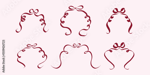 Ribbon Bow in hand drawn coquette style. Retro whimsical symbols for bachelorette and girls birthday party. Trendy and cute elements for Wedding invitations and menu. silhouette vector illustration