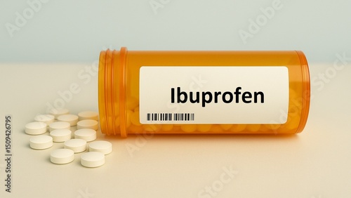 Ibuprofen tablets used for pain relief, inflammation, and fever, over-the-counter NSAID.	
