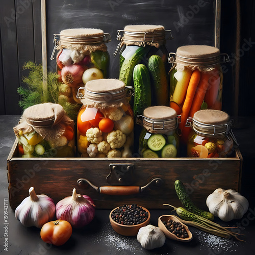 Vegetables in Glass jar. Pickled cucumbers and tomatoes. Home canning. Preparing food for the winter. Stocks in the closet. Flat style in vector illustration. Isolated element.