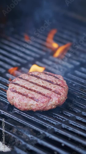 Vertical video Flame broiled hamburger on grill