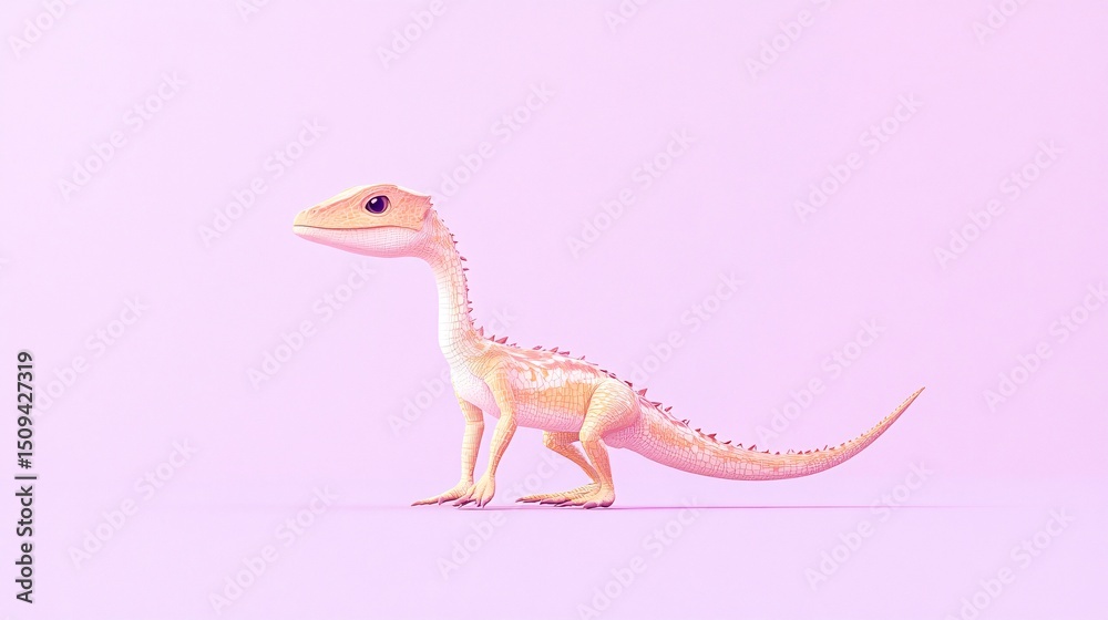 Fototapeta premium Minimalist cartoon of a small Coelophysis on a soft lilac background