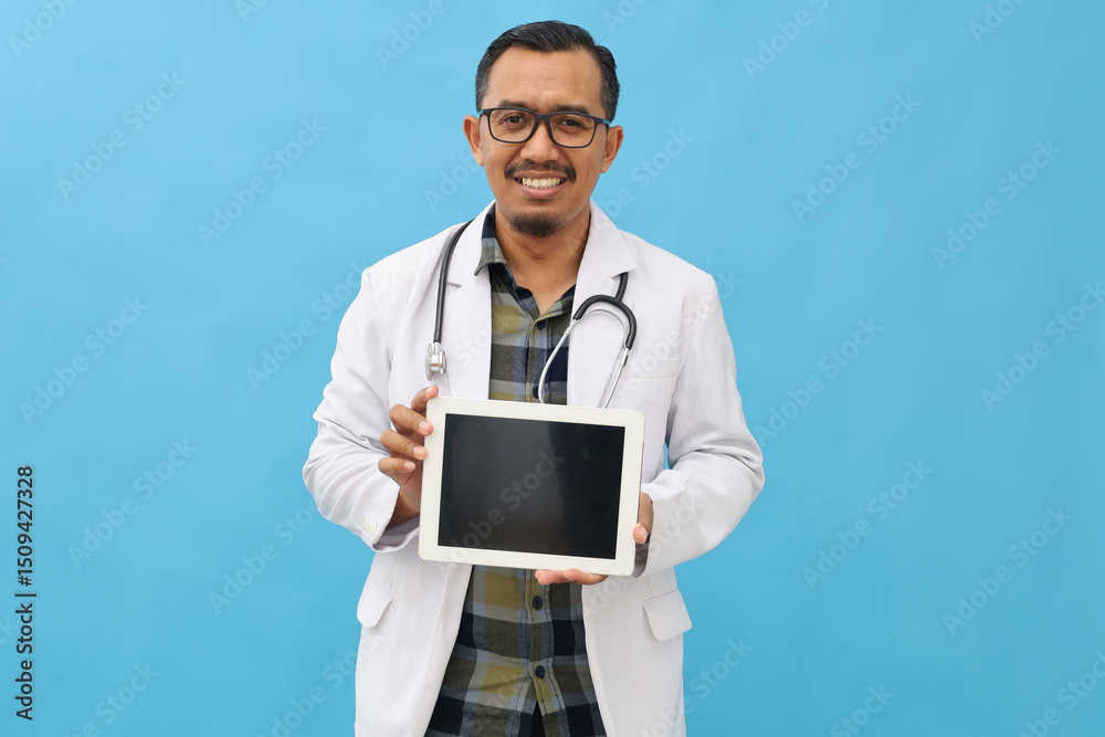 Asian adult male doctor wearing doctor's coat and hanging stethoscope on neck smiling while showing tablet screen.Health care concept,health service and health education and technology Asian adult male doctor wearing doctor's coat and hanging stethoscope on neck smiling while showing tablet screen.Health care concept,health service and health education and technology