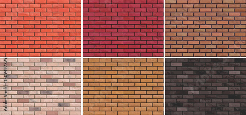 A versatile set of six seamless brick wall textures in various shades of red, brown, and grey, ideal for architectural renders and construction backgrounds