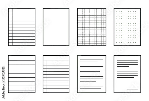 Paper and stationery outline icons set – silhouette, document and notebook designs