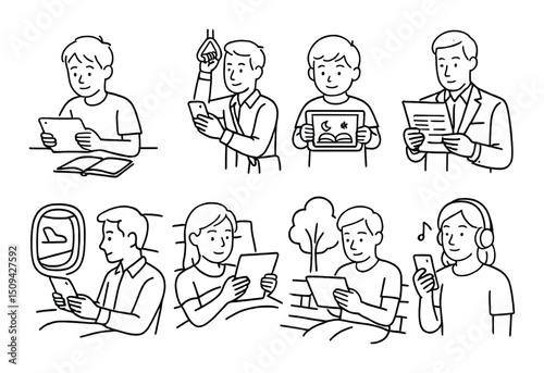 Ebook readers silhouette icons set – simple digital reading and e-reader symbols