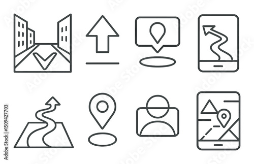 Ar navigation outline icons set – maps, guidance, and direction symbols collection