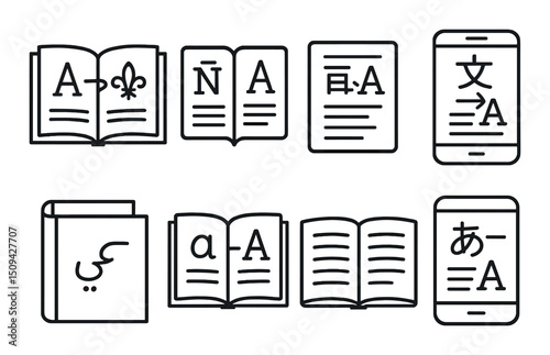 Language and translation outline icons set – dictionary, multilingual, and communication symbols