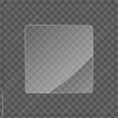 Rounded square transparent glass pane with light reflection and shadows on transparent background