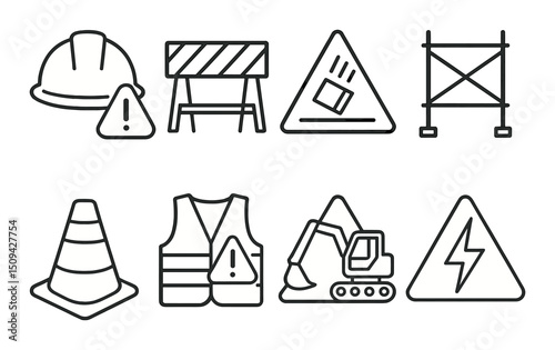 Construction safety line icons set – outline, protective gear and hazard symbols