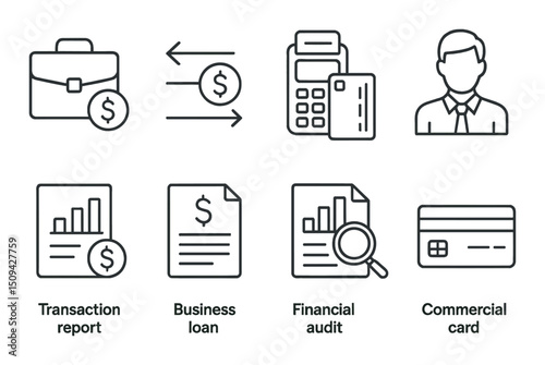 Corporate banking silhouette icons set – outline, finance and business symbols