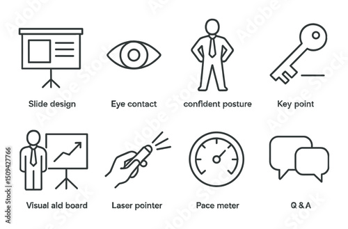 Presentation tips outline icons set – linear, simple communication and speech elements