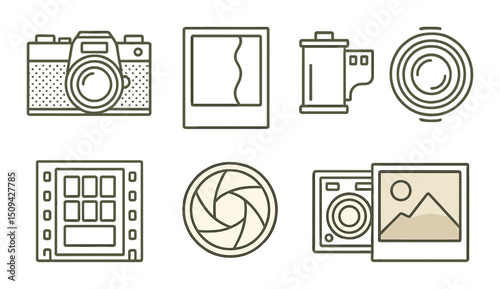 Vintage photography outline icons set – retro, camera and film symbols for design