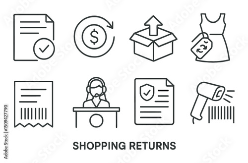 Shopping and returns linear icons set – outline, commerce and refund process symbols