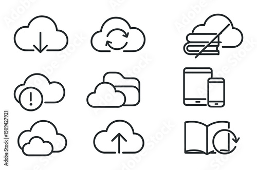 Ebook cloud service linear icons set – outline, digital library and online storage symbols