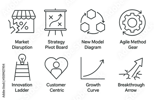Business innovation linear icons set – outline, new model and strategy symbols