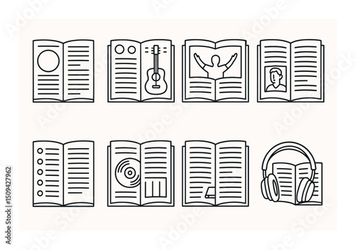 Music magazine outline icons set – simple, compose and audio design elements