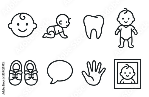Baby milestone icons set – silhouette, first year and developmental symbols