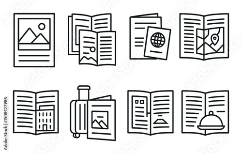Travel magazine outline icons set – journey, adventure, exploration symbols
