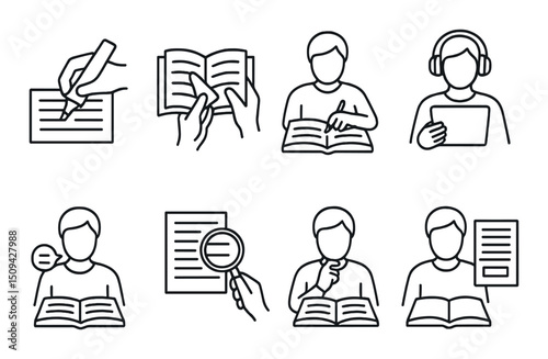 Reading and writing linear icons set – outline, study, education symbols
