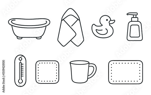 Bath time essentials outline icons set – silhouette, spa, and hygiene visuals