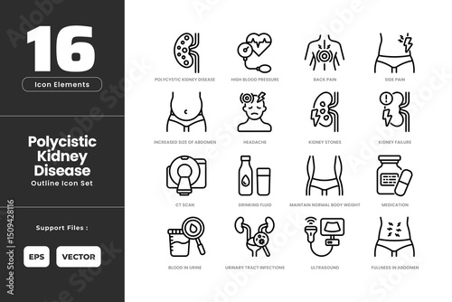 Polycystic Kidney Disease Icon Set Collection - Outline Line Art Style. Containing Side Pain, Back Pain, Blood in Urine, CT Scan, Drinking Fluid, Full Stomach, Headache, High Blood Pressure.