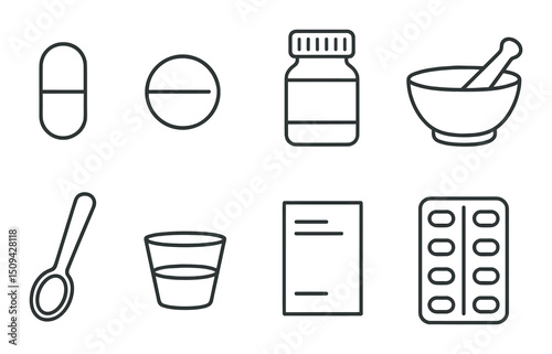 Pharmaceutical outline icons set – medication, prescription and healthcare symbols