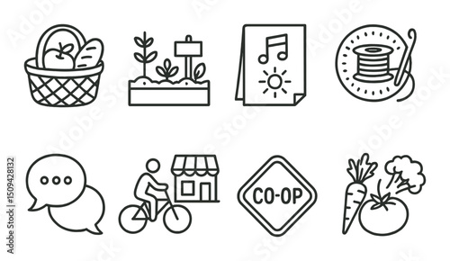 Local living outline icons set – sustainability, community, and green lifestyle symbols