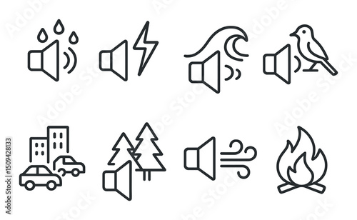 Environmental sound silhouette icons set – simple, nature and audio symbols