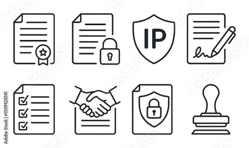 Legal and startup outline icons set – contracts, ip, and business concept symbols
