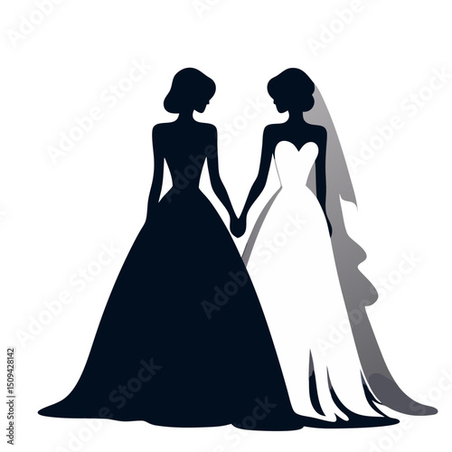 Minimalistic silhouette of two brides holding hands, celebrating their wedding day in a romantic and elegant style.