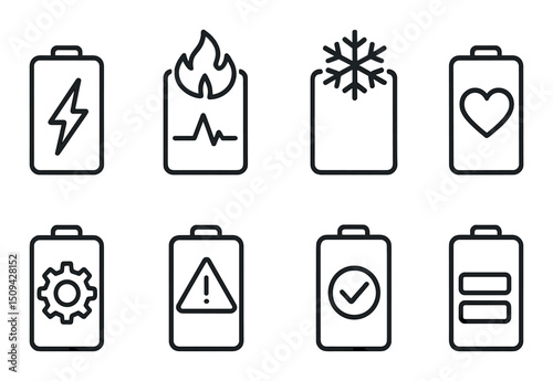 Battery status outline icons set – power, energy, charge minimalist symbols