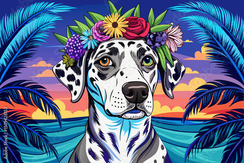 Funny Dalmatian Dog with Rose Flower Crown Elegant Pet illustrator cartoon vector