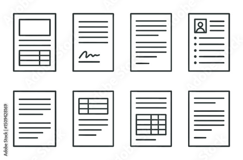 Office documents silhouette icons set – outline, paperwork and document symbols