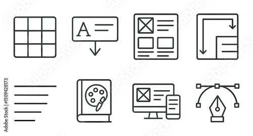 Web design tools outline icons set – development, creative, interface elements