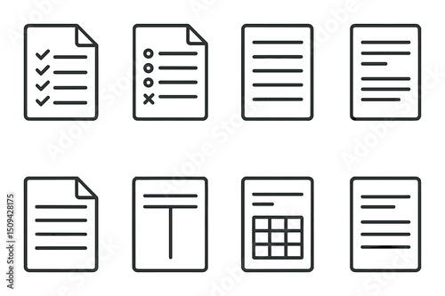 Educational paper icons set – silhouette, document, text and writing symbols
