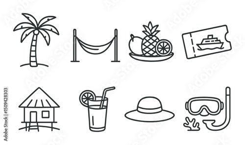 Tropical vacation outline icons set – beach, travel and holiday symbols collection