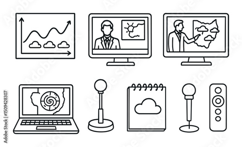Meteorologist tool silhouette icons set – weather forecasting, simple climate symbols