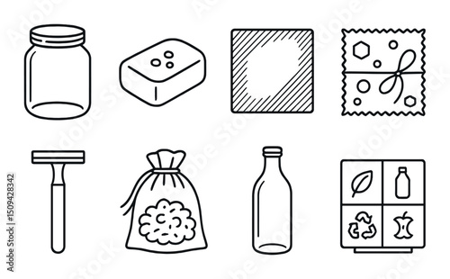 Zero waste outline icons set – sustainability, eco-friendly and green living symbols