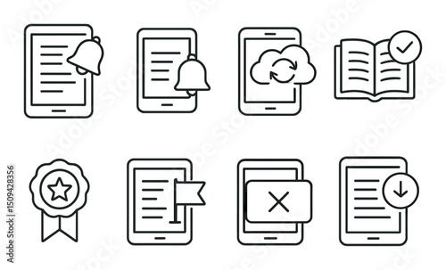 Ebook notifications silhouette icons set – alert, message and update graphics