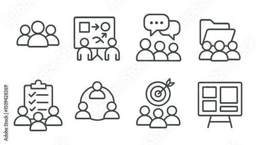 Team collaboration icons set – outline, group work, communication symbols