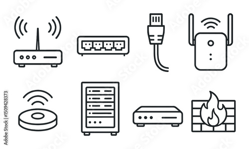 Networking devices icons set – outline, communication and connectivity symbols