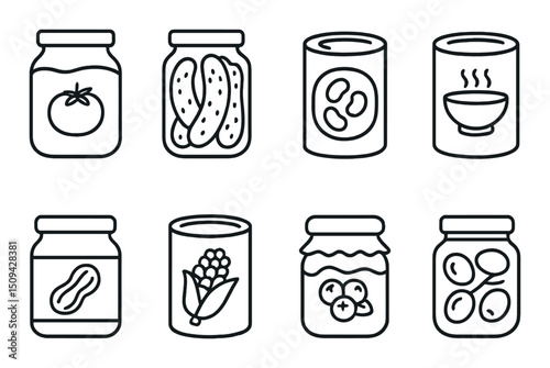 Canned and jarred foods silhouette icons set – outline, preservation and storage symbols