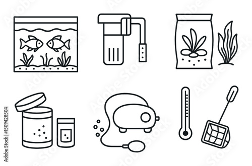 Aquarium essentials outline icons set – silhouette, marine and fish tank symbols